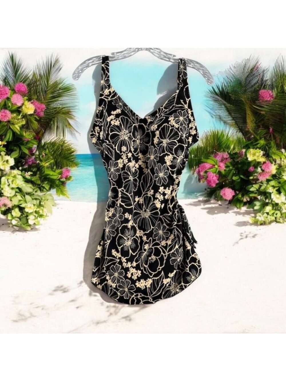 Vintage Roxanne One Piece Swim 12 / 36 D Bra Sized Black Beige Floral Tummy Cont